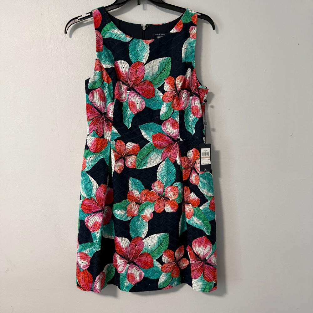 Tommy Hilfiger Womens Floral Eyelet Sheath Dress Navy Blue Pink Tropical Size 12
